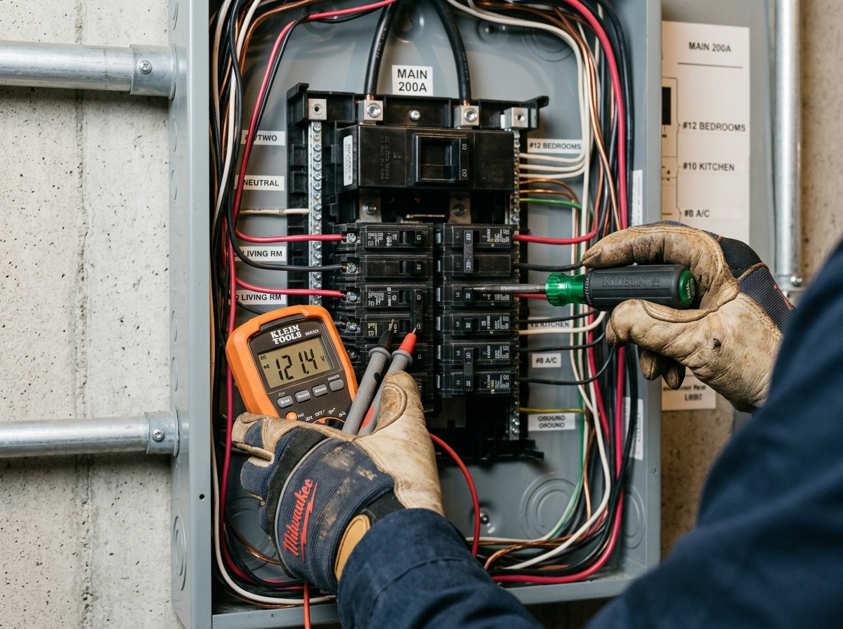 Professional electrician testing circuit breaker bus bars and voltage in Bothell WA home