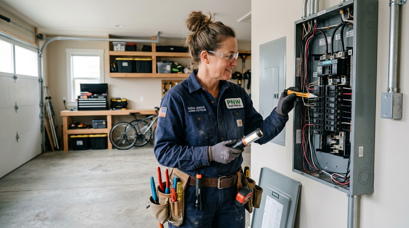 Licensed Bothell electrician inspecting residential circuit breaker panel in Bothell WA