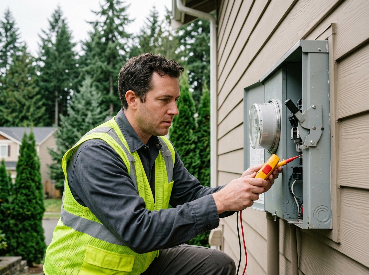Licensed electrician diagnosing power outage at residential meter base in Bothell